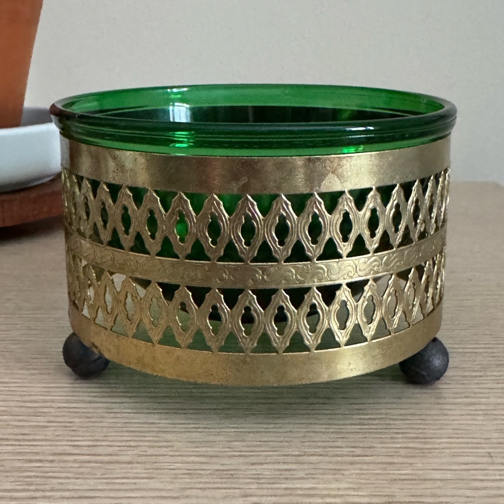 Vintage Anchor Hocking Green and Gold Metal Candy Dish